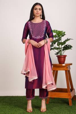 Magenta embroidered art silk ethnic-kurtis 1