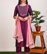 Magenta embroidered art silk ethnic-kurtis