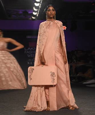 ROSE PINK EMBROIDERED PANT SAREE SET WITH CAPE 1