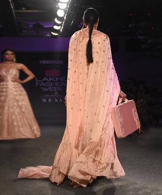 ROSE PINK EMBROIDERED PANT SAREE SET WITH CAPE 2