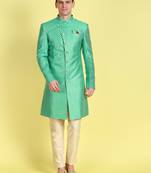 Sanwara Men's Kiwi & Cream Woven Floral Design Sherwani with Payjama Pant