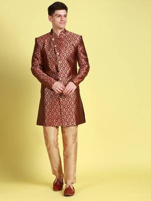 Sanwara Men's Maroon & Gold Woven Floral Design Sherwani with Payjama Pant 1