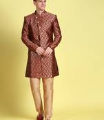 Sanwara Men's Maroon & Gold Woven Floral Design Sherwani with Payjama Pant