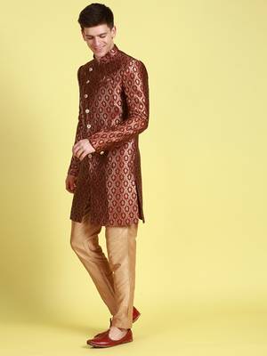 Sanwara Men's Maroon & Gold Woven Floral Design Sherwani with Payjama Pant 2