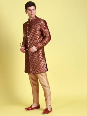 Sanwara Men's Maroon & Gold Woven Floral Design Sherwani with Payjama Pant 3