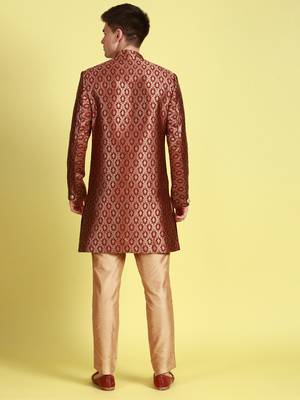 Sanwara Men's Maroon & Gold Woven Floral Design Sherwani with Payjama Pant 4
