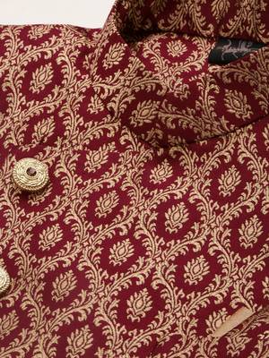 Sanwara Men's Maroon & Gold Woven Floral Design Sherwani with Payjama Pant 5