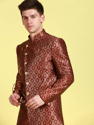 Sanwara Men's Maroon & Gold Woven Floral Design Sherwani with Payjama Pant 7