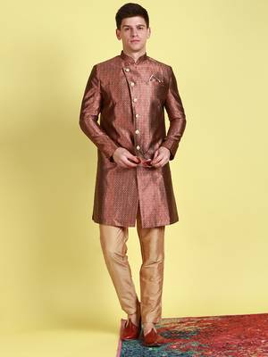 Sanwara Men's Red & Beige Woven Floral Design Sherwani with Payjama Pant 1