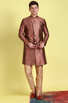 Sanwara Men's Red & Beige Woven Floral Design Sherwani with Payjama Pant