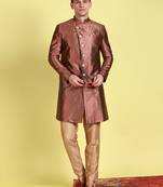 Sanwara Men's Red & Beige Woven Floral Design Sherwani with Payjama Pant