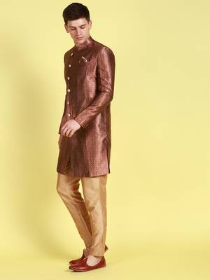 Sanwara Men's Red & Beige Woven Floral Design Sherwani with Payjama Pant 2