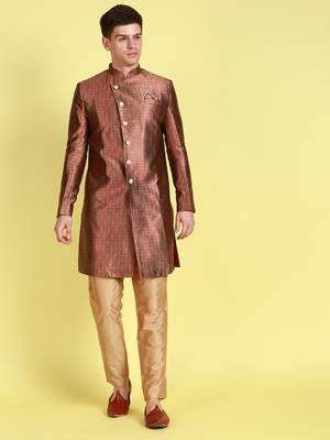 Sanwara Men's Red & Beige Woven Floral Design Sherwani with Payjama Pant 3