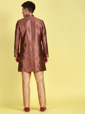 Sanwara Men's Red & Beige Woven Floral Design Sherwani with Payjama Pant 4