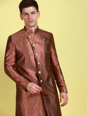 Sanwara Men's Red & Beige Woven Floral Design Sherwani with Payjama Pant 7