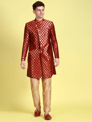 Sanwara Men's Red & Gold Woven Floral Design Sherwani with Payjama Pant 1