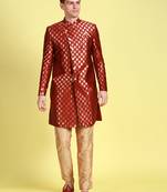 Sanwara Men's Red & Gold Woven Floral Design Sherwani with Payjama Pant