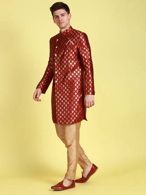 Sanwara Men's Red & Gold Woven Floral Design Sherwani with Payjama Pant 2
