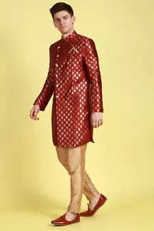Sanwara Men's Red & Gold Woven Floral Design Sherwani with Payjama Pant