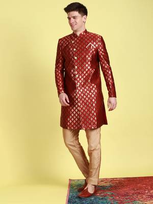 Sanwara Men's Red & Gold Woven Floral Design Sherwani with Payjama Pant 3