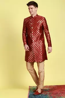 Sanwara Men's Red & Gold Woven Floral Design Sherwani with Payjama Pant