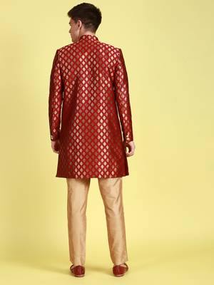Sanwara Men's Red & Gold Woven Floral Design Sherwani with Payjama Pant 4