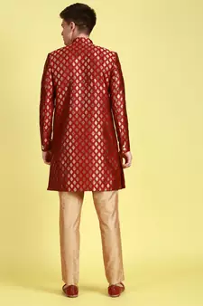 Sanwara Men's Red & Gold Woven Floral Design Sherwani with Payjama Pant