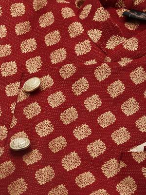Sanwara Men's Red & Gold Woven Floral Design Sherwani with Payjama Pant 5
