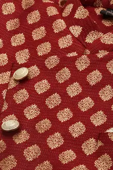 Sanwara Men's Red & Gold Woven Floral Design Sherwani with Payjama Pant