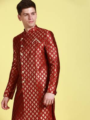 Sanwara Men's Red & Gold Woven Floral Design Sherwani with Payjama Pant 7