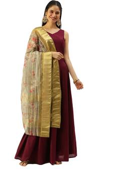 Women's Deep Mehendi Printed Linen Chanderi Print & Zari Border Work Trendy Dupatta