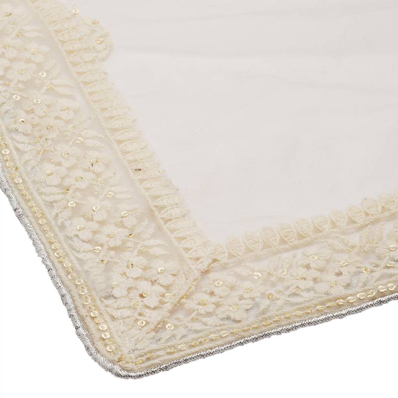 Women's Off White Embroidery Net Mirror & Thread & Sequins Work Trendy Dupatta