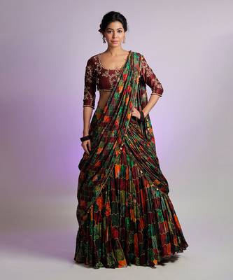 Maroon Kastoori Lehenga With Detachable Drape 1