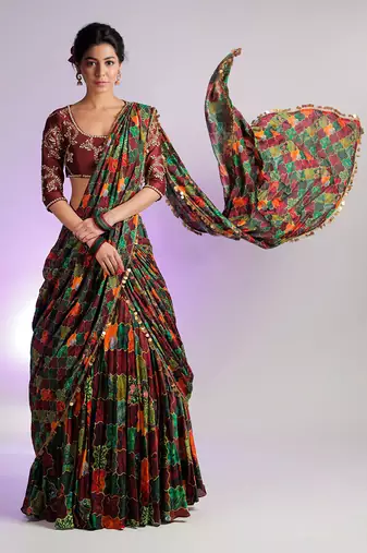 Maroon Kastoori Lehenga With Detachable Drape