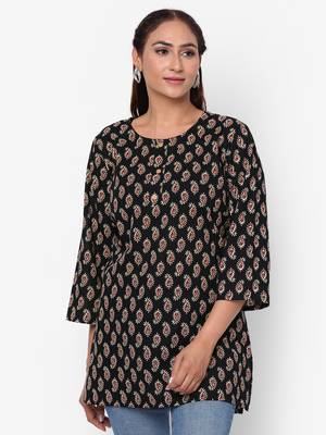 Black printed cotton short-kurtis 1