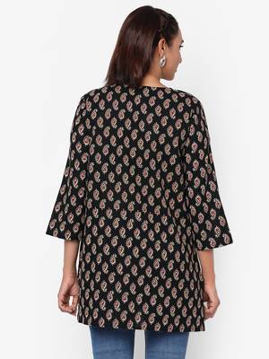 Black printed cotton short-kurtis 4