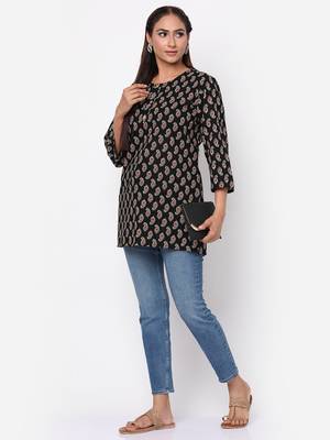 Black printed cotton short-kurtis 5