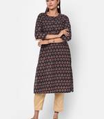 Black printed cotton long-kurtis