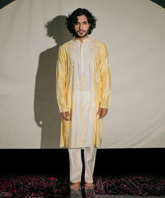 Yellow Resham Embroidery Silk Kurta Set 1