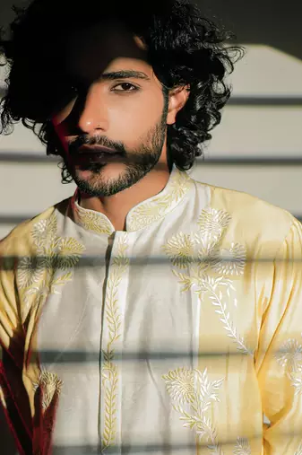 Yellow Resham Embroidery Silk Kurta Set