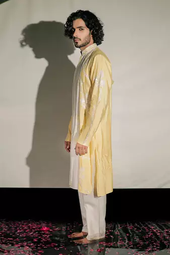 Yellow Resham Embroidery Silk Kurta Set