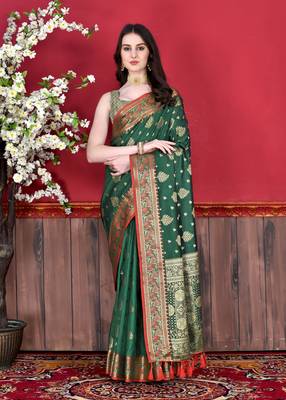 Design Green Katan Silk Weaving Zari Classic Saree With Blouse For Women 2