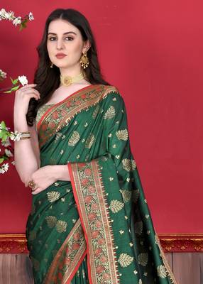 Design Green Katan Silk Weaving Zari Classic Saree With Blouse For Women 4