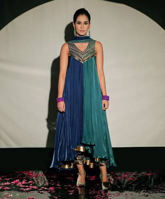 Teal And Dark Blue Fusion Kurta Set 1