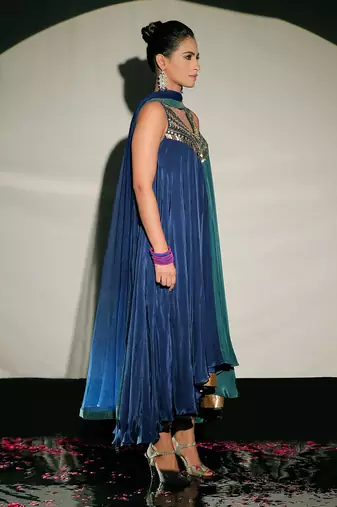 Teal And Dark Blue Fusion Kurta Set
