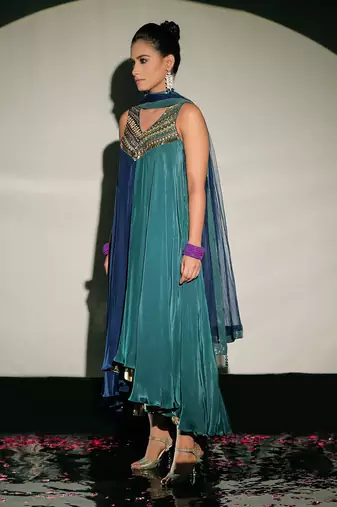 Teal And Dark Blue Fusion Kurta Set