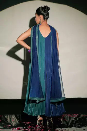 Teal And Dark Blue Fusion Kurta Set