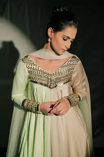 Pastel Green And Beige Fusion Kurta Set