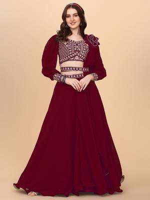 Maroon Embroidered Semi Stitched Lehenga Choli  1