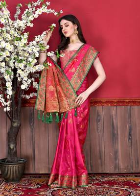 Korams Design Pink Katan Silk Weaving Zari Classic Saree With Blouse for women 1